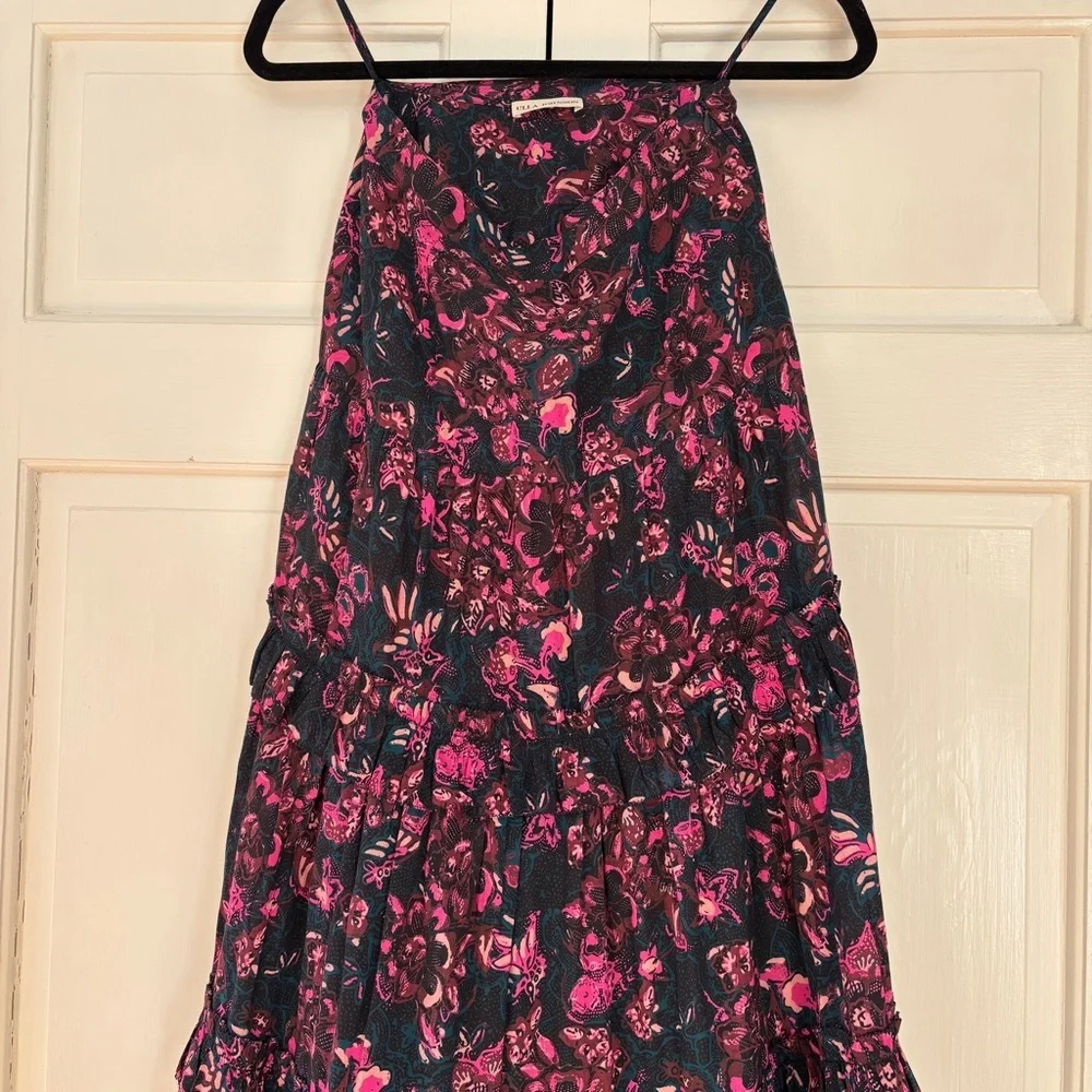 ULLA JOHNSON Amalia Midnight Floral Midi Skirt Tiered Ruffle Pink Navy Size‎ 2